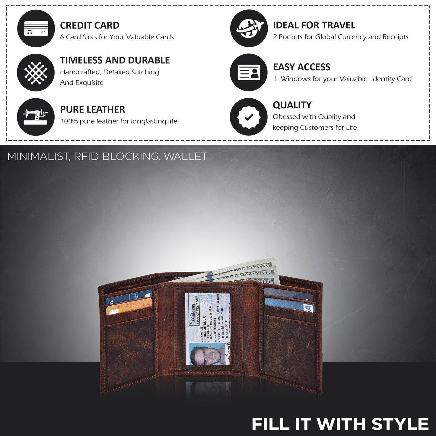 Real Leather Trifold Wallet for Men
